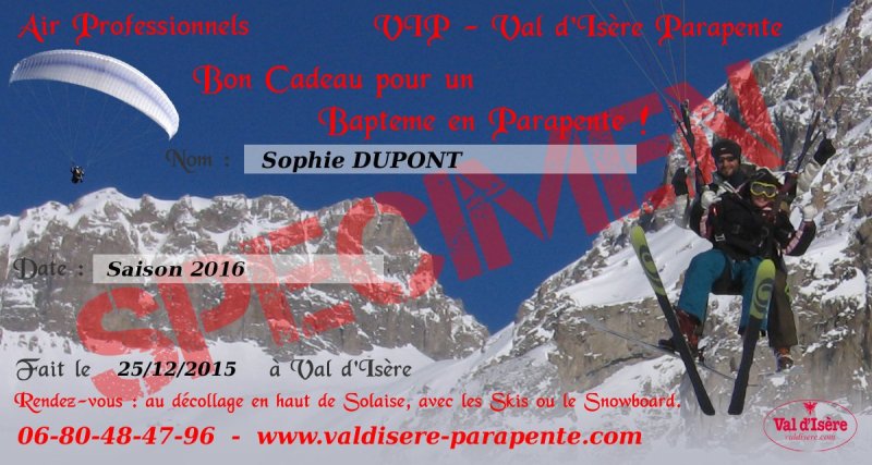 Bon Cadeau Val d'Isère Parapente